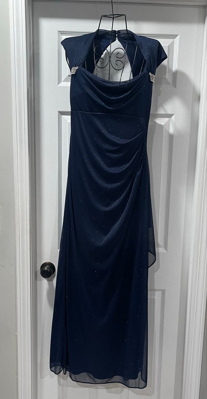 R&M Richards Navy Glitter Rhinestone Ruched Open Back Formal Gown Size 6